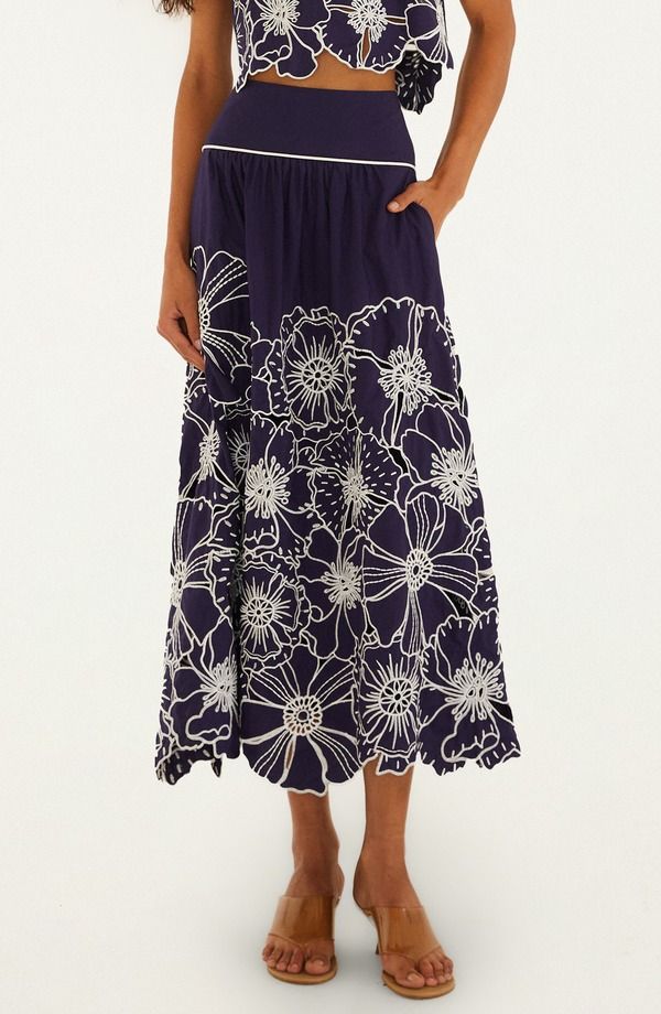 ファーム レディース ボトムスカート ミディ コットン FARM Rio Flowers Richelieu Cotton Midi Skirt Blue ブルー