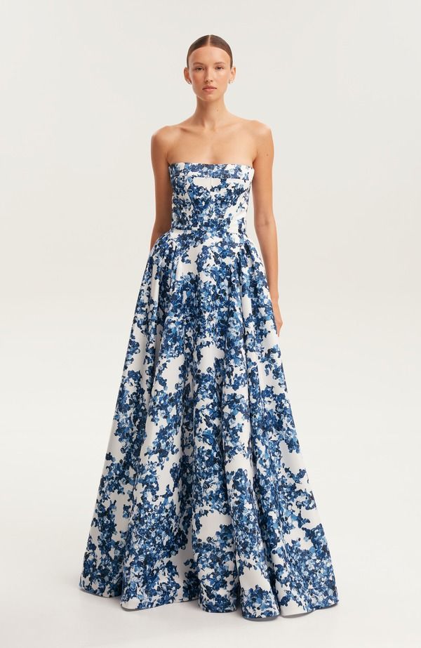 ミルカ レディース トップス ワンピース フラワー柄 ストラップレス マキシ フラワー Milla Blue Floral Strapless Maxi Eveningown with Corset Bodice Blue ブルー