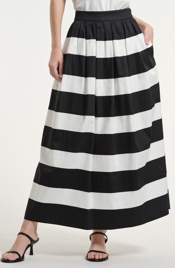 アイザック・ミズラヒ レディース ボトムスカート コットン マキシ Isaac Mizrahi New York Wide Stripe Stretch Cotton Maxi Skirt Black White ホワイト