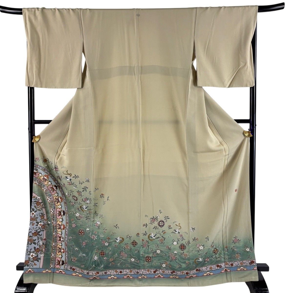 色留袖 身丈169.5cm 裄丈69cm L 袷 落款 花鳥 墨流し柄 刺繍 金糸 灰緑 正絹 名品 一つ紋 【中古】