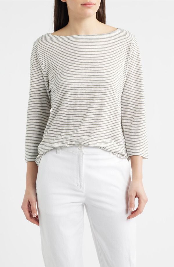 エイリーンフィッシャー レディース トップス シャツ リネン Eileen Fisher Stripe Bateau Neck Organic Linen Top Bay Leaf ストライプ