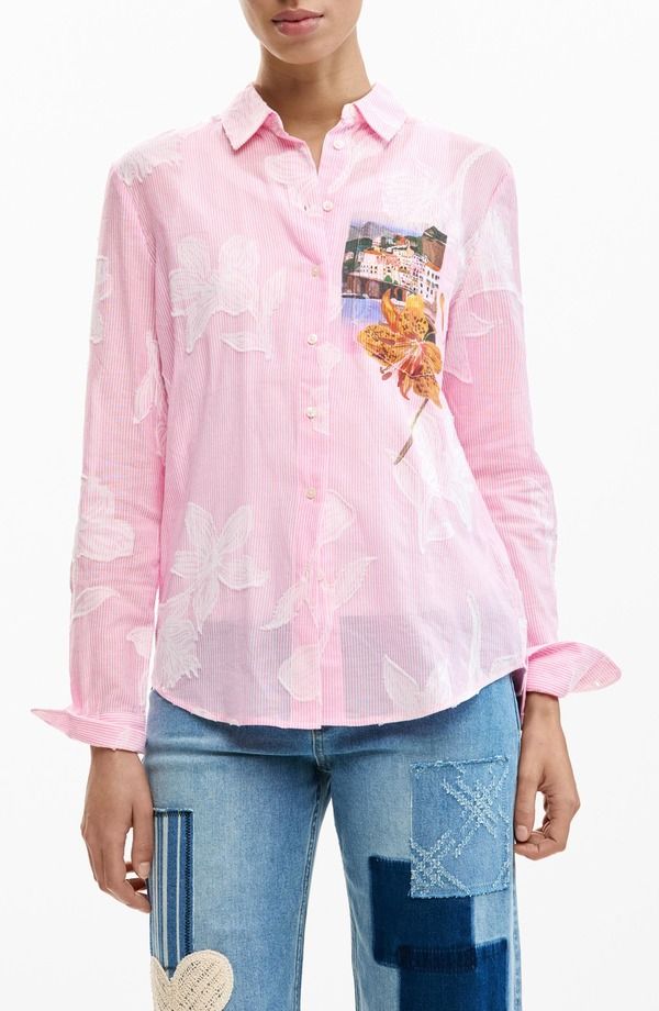 デジグアル レディース トップス シャツ フラワー柄 フラワー グラフィック Desigual Floral Appliqu Stripe Graphic ButtonUp Shirt Pink ピンク