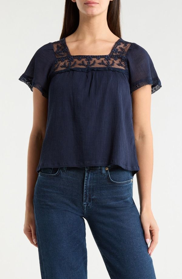 ラッキーブランド レディース トップス シャツ メッシュ コットン レース Lucky Brand Lace Mesh Detail Square Neck Cotton Top Spellbound