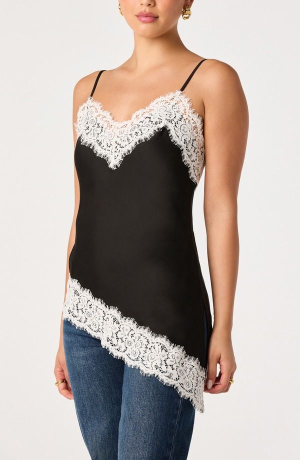 アストール レディース トップス シャツ アシンメトリー レーストリム サテン レース ASTR the Label Analise Lace Trim Asymmetric Satin Camisole Black ブラック