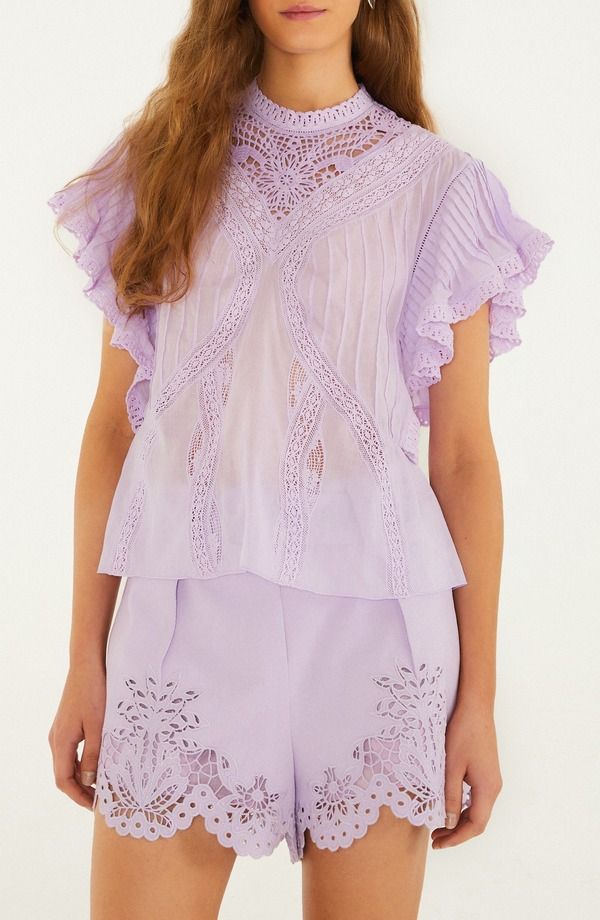 ファーム レディース トップス シャツ フリル コットン レース FARM Rio Lace Ruffle Sleeve Organicotton Top Lilac ライラック