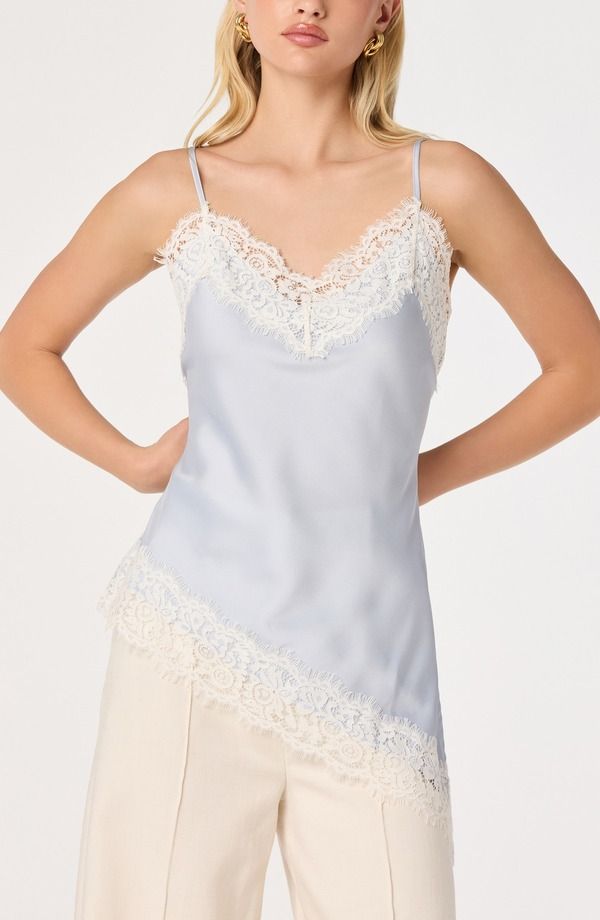 アストール レディース トップス シャツ アシンメトリー レーストリム サテン レース ASTR the Label Analise Lace Trim Asymmetric Satin Camisole Light Blue ブルー