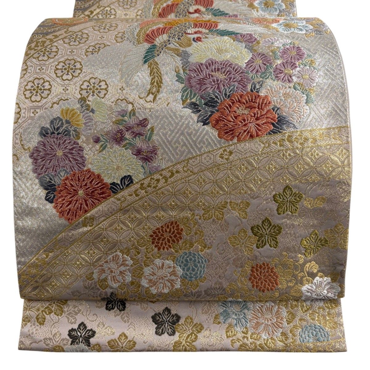 【美品】 袋帯 秀品 瑞祥花鳥文 箔 銀色 六通 正絹 【中古】