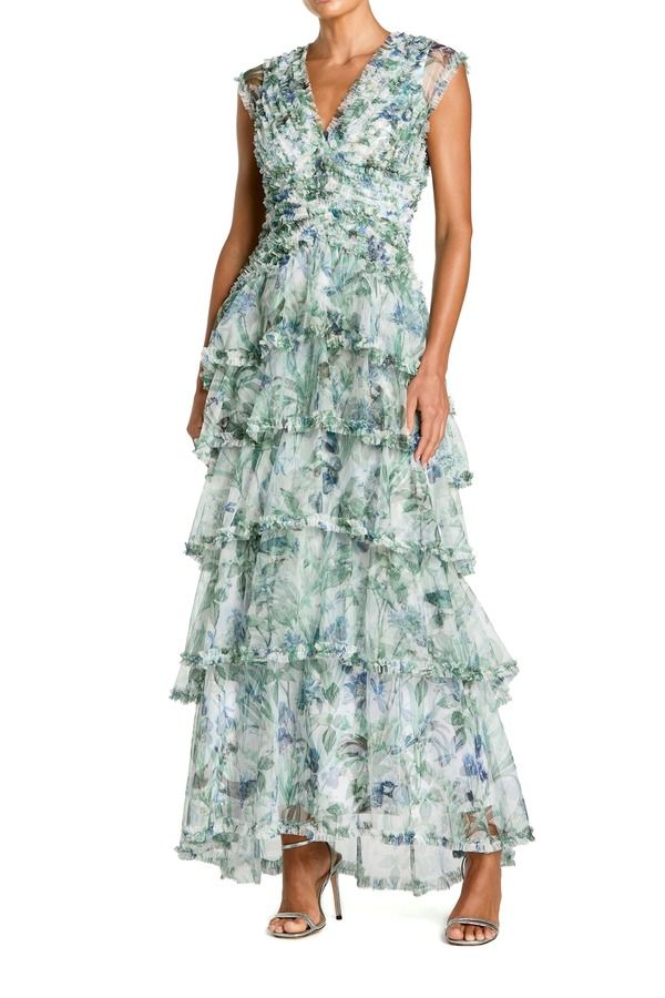 マックダガル レディース トップス ワンピース Vネック ティアード フラワー柄 フリル マキシ フラワー Mac Duggal Floral V Neck Tiered Ruffle Maxi Dress Blue Multi ブルー