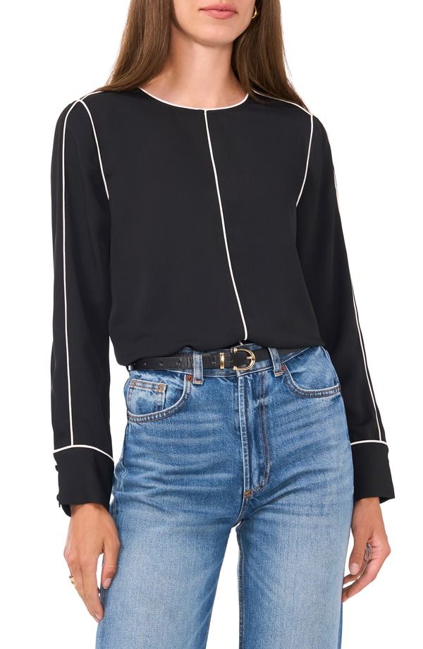 ヴィンスカムート レディース トップス シャツ Vince Camuto Piped Long Sleeve Crpe de Chine Top Rich Black ブラック