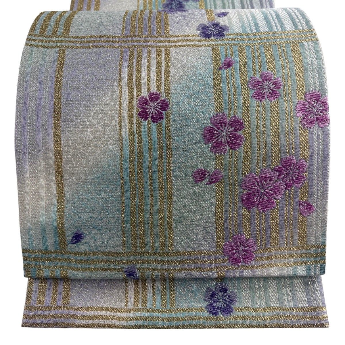 【美品】 袋帯 秀品 桜 縞 箔 薄緑 六通 正絹 【中古】