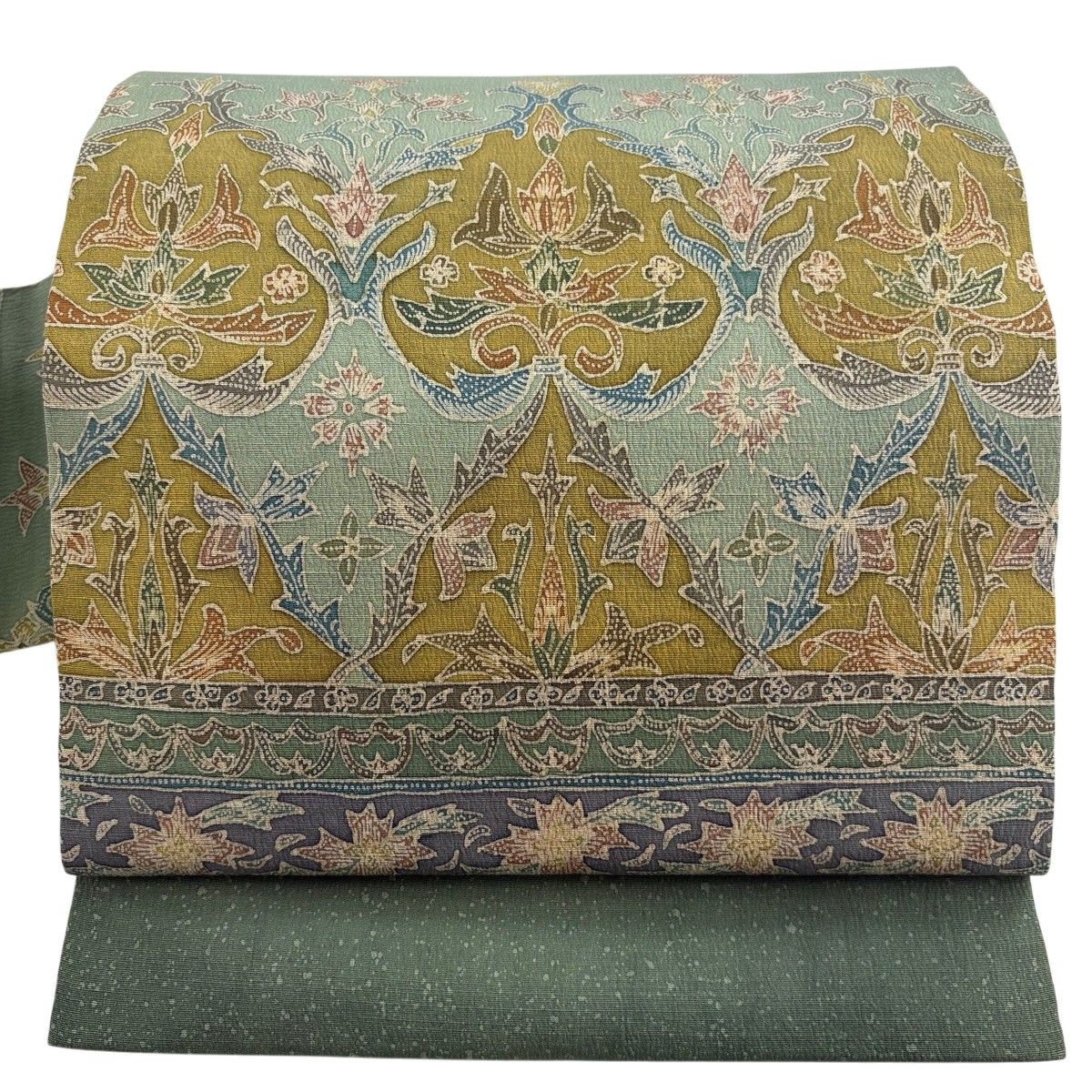 名古屋帯 秀品 草花 灰緑 正絹 【中古】