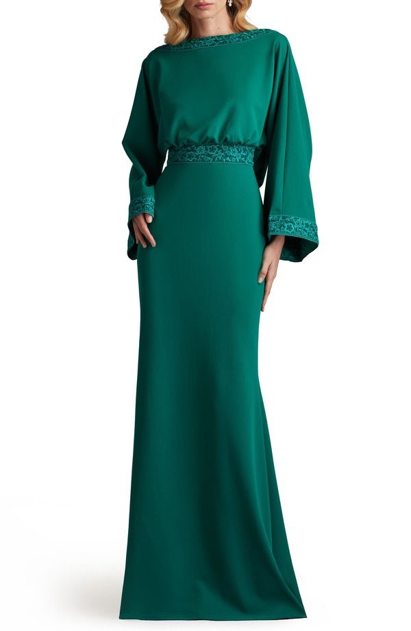 タダシショージ レディース トップス ワンピース クレープ ドレープ Tadashi Shoji Drape Back Crepe Long Sleeve Gown Emerald エメラルド
