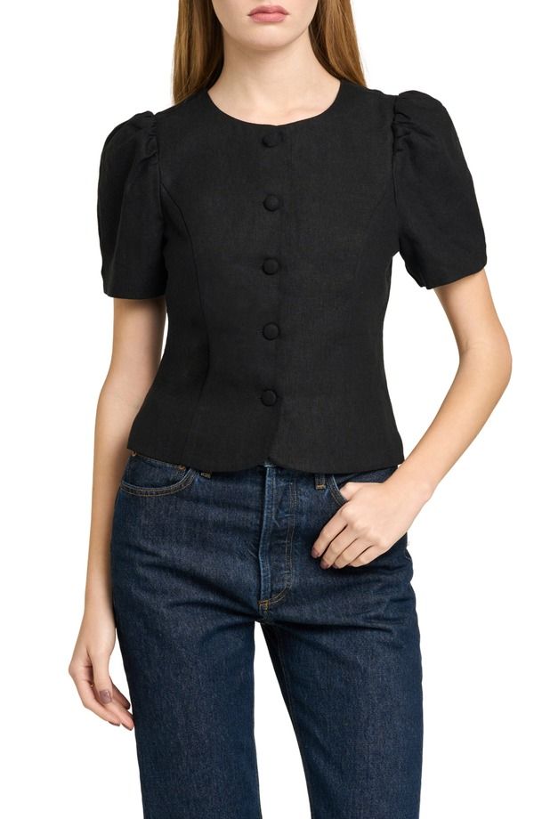 ワイフ レディース トップス シャツ リネン WAYF Blair Button Front Linen Blend Top Black ブラック