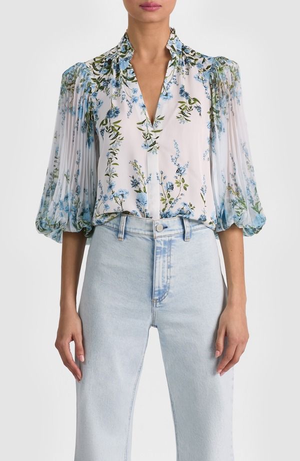 アリス アンド オリビア レディース トップス シャツ フラワー柄 プリーツ フラワー Alice Olivia Ilan Floral Pleated Sleeve ButtonUp Shirt Fresh Air Carolina Blue ブルー