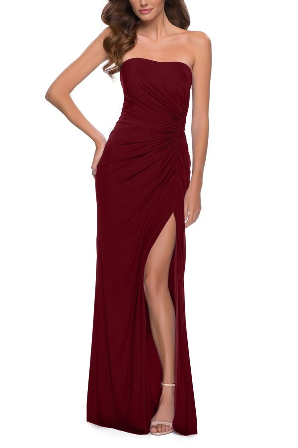 ラフェム レディース トップス ワンピーストラップレスカート ジャージー La Femme Strapless Jersey Dress with Ruching and Skirt Slit Burgundy バーガンディ