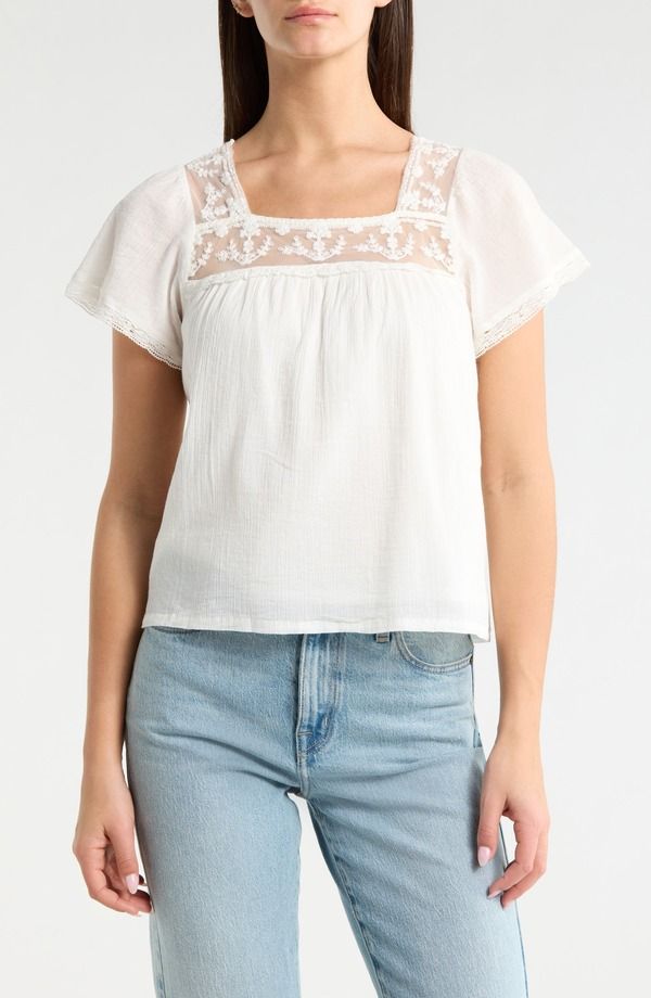 ラッキーブランド レディース トップス シャツ メッシュ コットン レース Lucky Brand Lace Mesh Detail Square Neck Cotton Top Cream クリーム