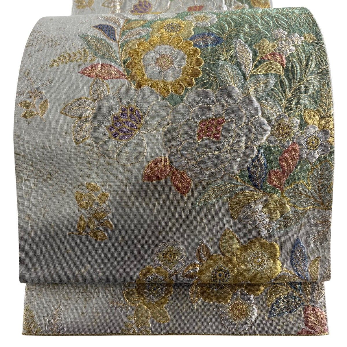 【美品】 袋帯 秀品 関西仕立て 草花 金銀糸 箔 灰色 六通 正絹 【中古】