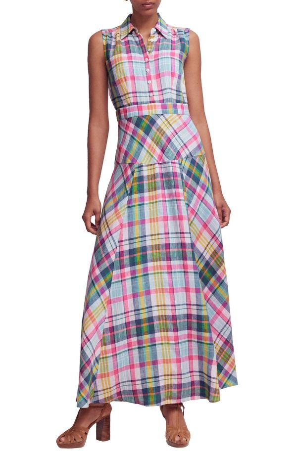 ボーデン レディース ボトムス カジュアルパンツ マキシワンピース リネン マキシ Boden Ermadras Linen Maxi Dress Blue Pink And Green Madras ブルー