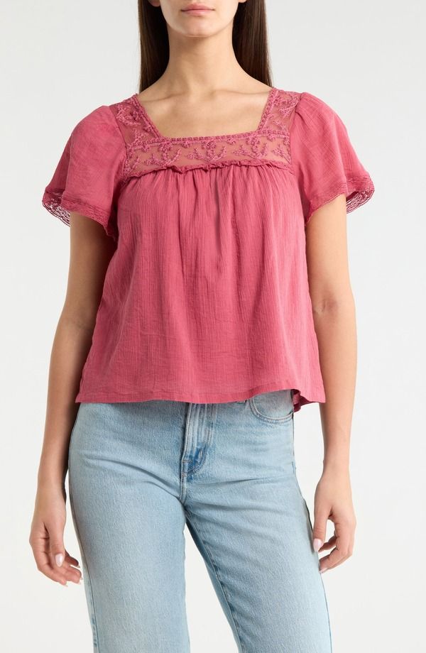 ラッキーブランド レディース トップス シャツ メッシュ コットン レース Lucky Brand Lace Mesh Detail Square Neck Cotton Top Rose Wine ワイン
