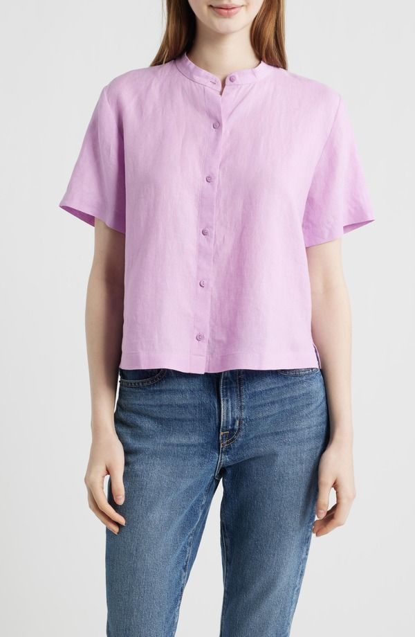 エイリーンフィッシャー レディース トップス シャツ リネン Eileen Fisher Short Sleeve Organic Linen ButtonUp Shirt Bright Aster