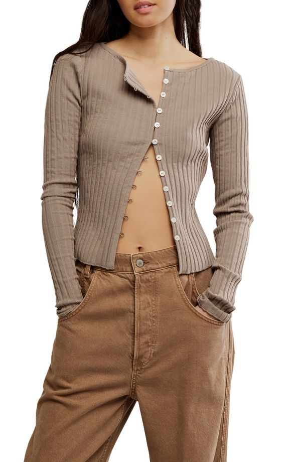フリーピープル レディース トップス シャツ Free People Tilly Rib Long Sleeve ButtonUp Top Fallen Rock の商品写真