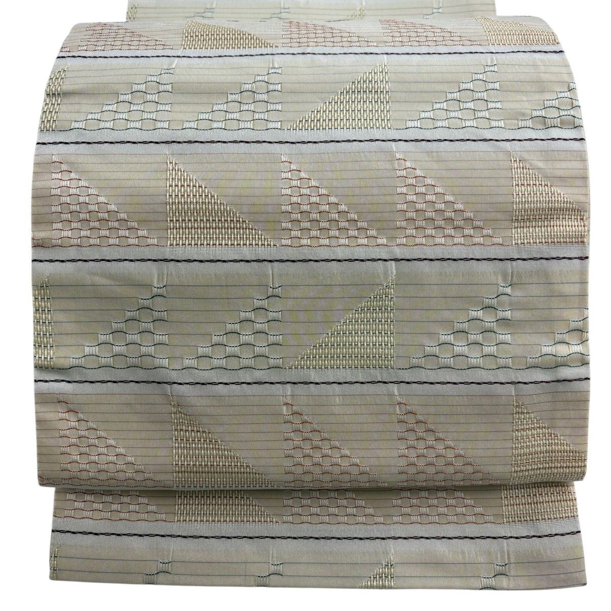 【美品】 袋名古屋帯 秀品 横段 幾何学模様 クリーム 正絹 【中古】