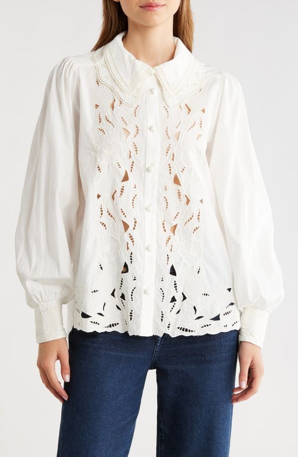 ファーム レディース トップス シャツ 刺繍 FARM Rio Embroidered Eyelet Puff Sleeve ButtonUp Shirt OffWhite オフホワイト