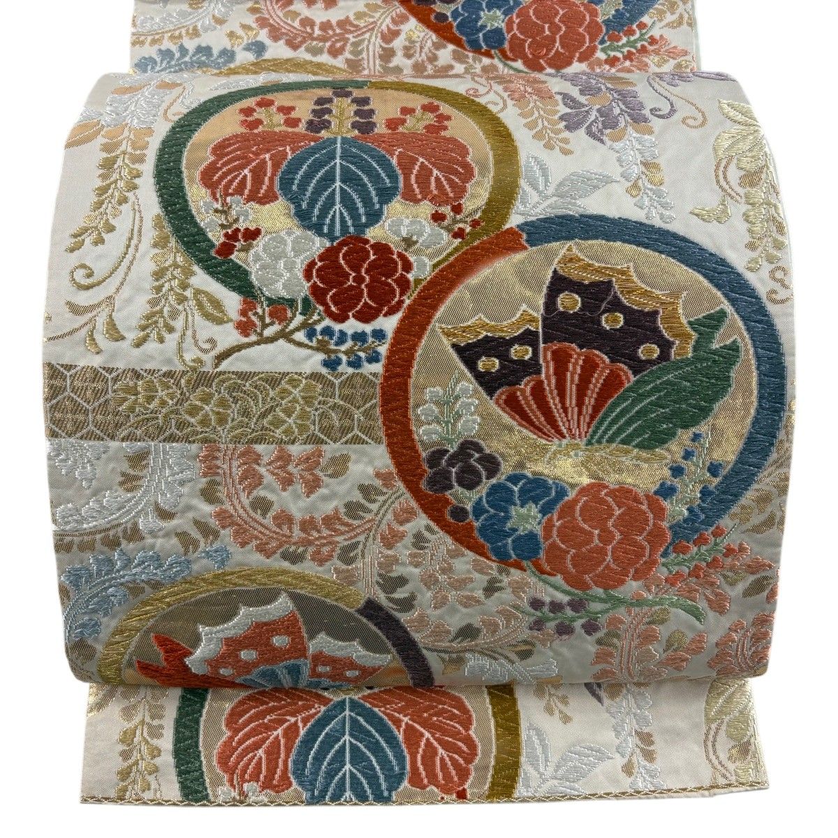 袋帯 秀品 関西仕立て 鎌倉文 蝶 唐織 箔 クリーム 六通 正絹 【中古】