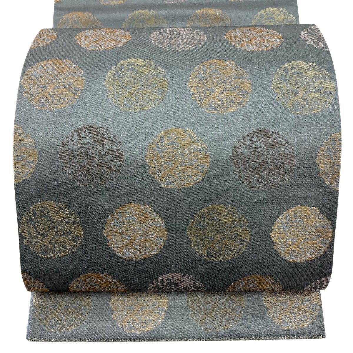 【美品】 袋帯 秀品 丸文 鳥 箔 青灰色 全通 正絹 【中古】