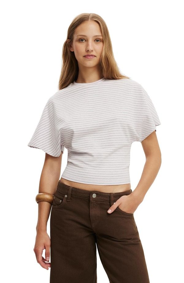 コットンオン レディース トップス シャツ Cotton Womens Blair Batwing Short Sleeve Tee Madi Stripe Babydoll Grey グレー