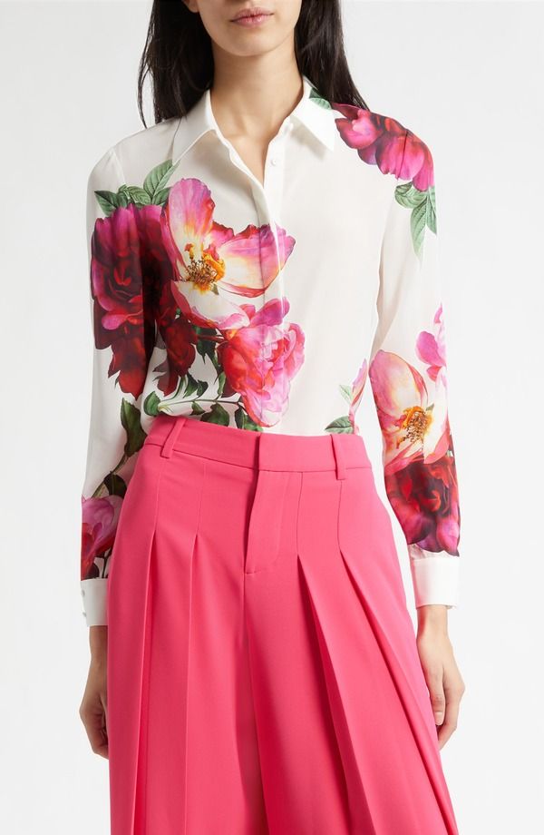 アリス アンド オリビア レディース トップス シャツ フラワー柄 シルク フラワー Alice Olivia Willa Floral Silk ButtonUp Shirt Empress Bloom Off White オフホワイト