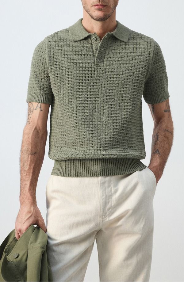マンゴ メンズ アウター パーカー・スウェット ポロシャツ セーター ニット MANGO Waffle Knit Polo Sweater Forest Green グリーン