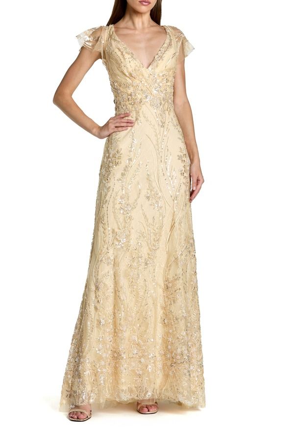 マックダガル レディース トップス ワンピース Vネック 刺繍 レース Mac Duggal VNeck Flutter Sleevembroidered Laceveningown Gold ゴールド