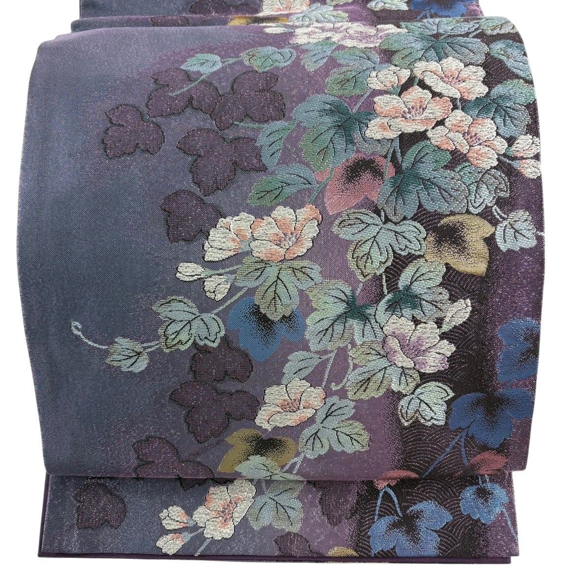 袋帯 秀品 草花 波 金銀糸 箔 紫 六通 正絹 【中古】