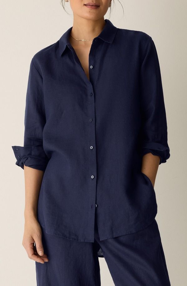 エイリーンフィッシャー レディース トップス シャツ リネン Eileen Fisher Classicollar Organic Linen Long ButtonUp Shirt Ink