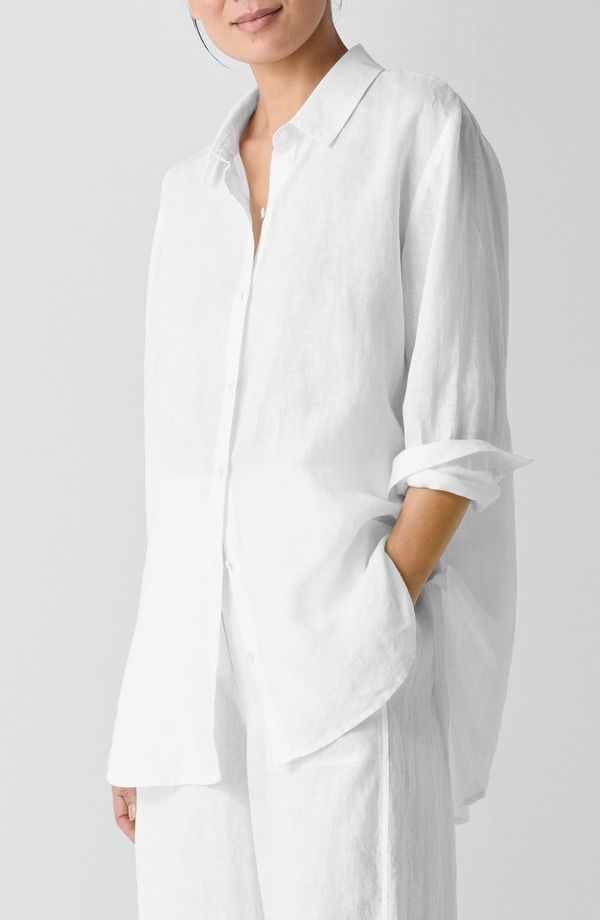 エイリーンフィッシャー レディース トップス シャツ リネン Eileen Fisher Classicollar Organic Linen Long ButtonUp Shirt White ホワイト