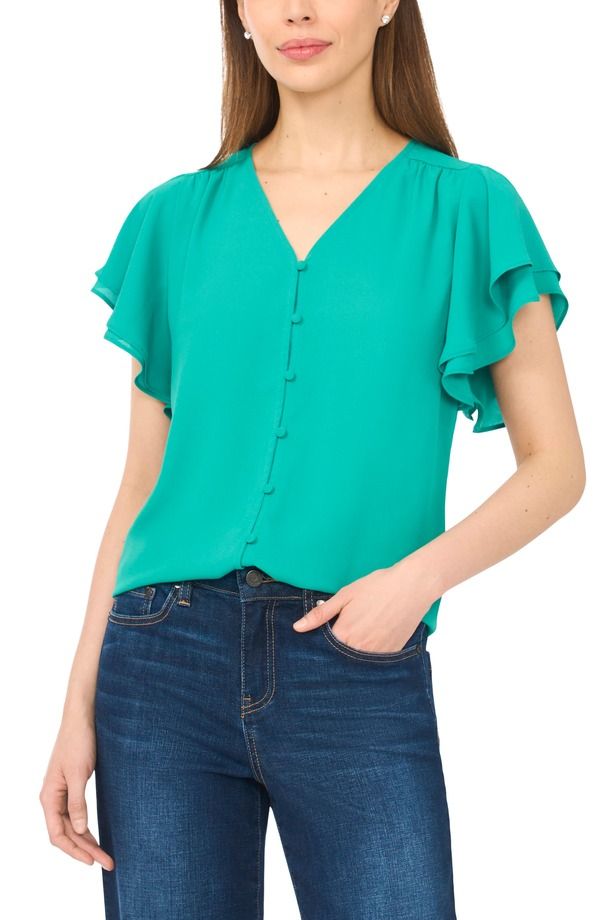 セセ レディース トップス シャツ Vネック CeCe Double Flutter Sleeve VNeck Top Everglade