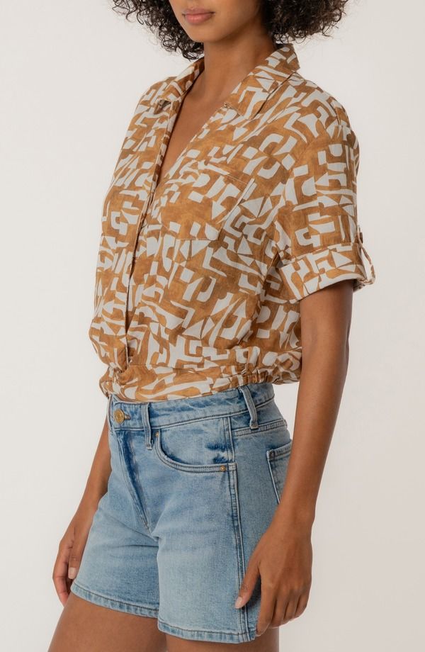 カットフロムザクロス レディース トップス シャツ プリント リネン KUT from the Kloth Rebel Printed Knot Front Linen Blend Top Cambridge Wood