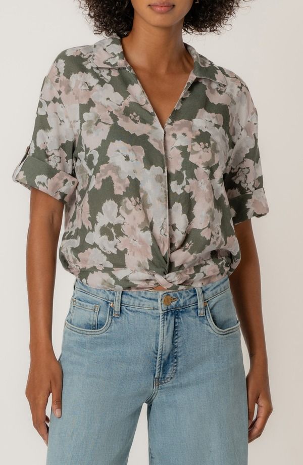 カットフロムザクロス レディース トップス シャツ プリント リネン KUT from the Kloth Rebel Printed Knot Front Linen Blend Top Andalusia Seaweed Khaki カーキ