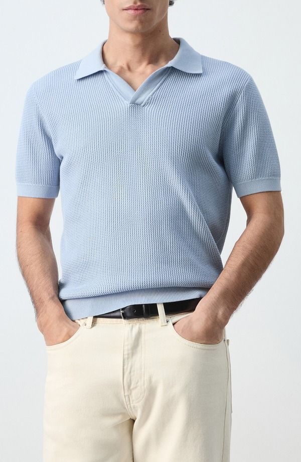 マンゴ メンズ トップス ポロシャツ コットン MANGO Cotton Piqu Polo Sky Blue ブルー