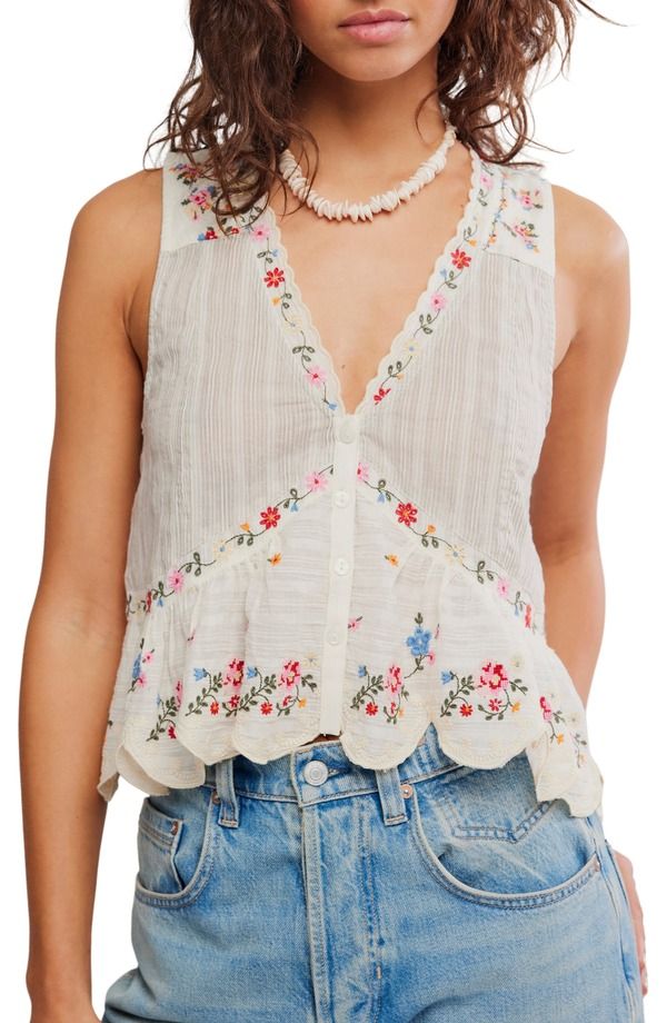 フリーピープル レディース トップス シャツ コットン 刺繍 Free Peoplellis Embroidered Cotton ButtonUp Top Tea Combo