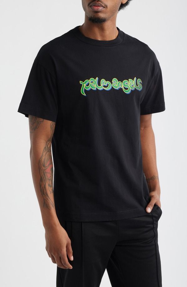 パーム・エンジェルス メンズ トップス Tシャツ コットン ロゴ グラフィック Palm Angels Thai Logo Cotton Graphic TShirt Black Green ブラック
