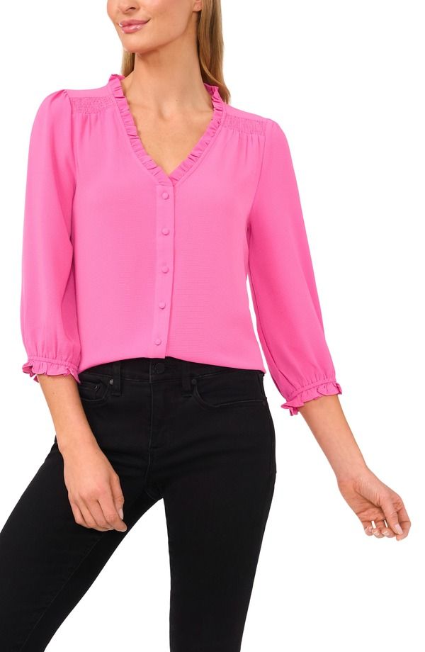 セセ レディース トップス シャツ Vネック フリル ブラウス CeCe Ruffle VNeck Blouse Freeisa Pink ピンク
