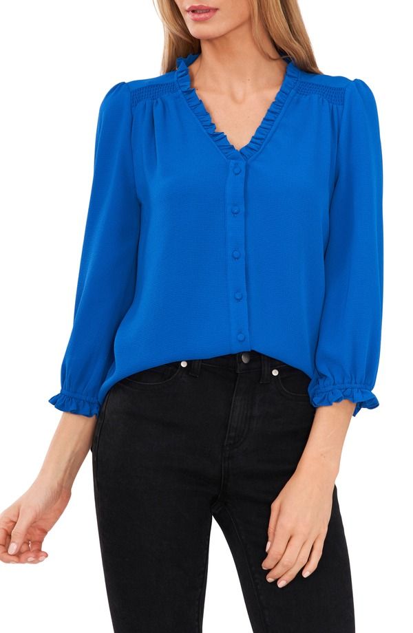 セセ レディース トップス シャツ Vネック フリル ブラウス CeCe Ruffle VNeck Blouse Dp Royal Blue ブルー