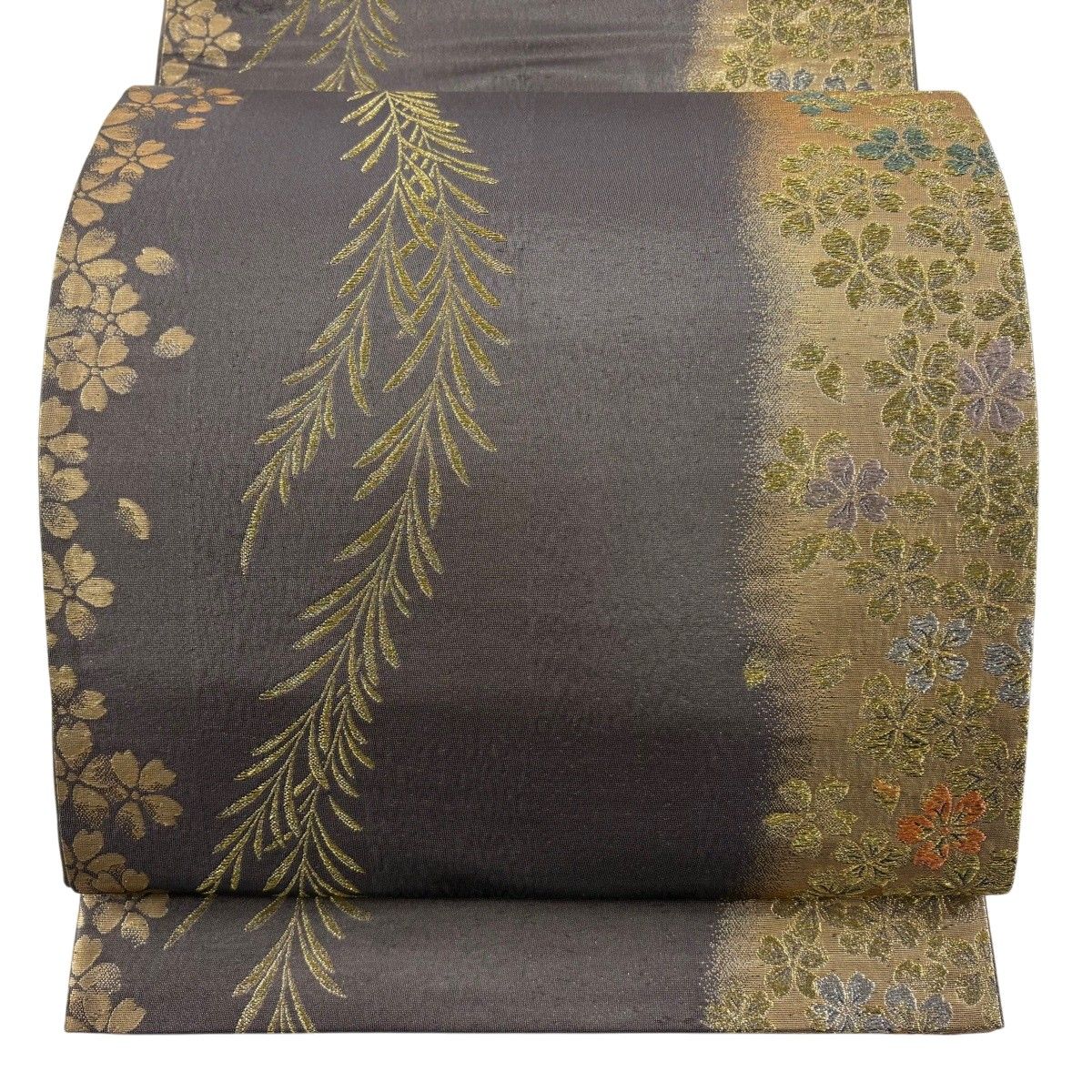 【美品】 袋帯 秀品 献上垂れ桜 金銀糸 箔 灰色 六通 正絹 【中古】