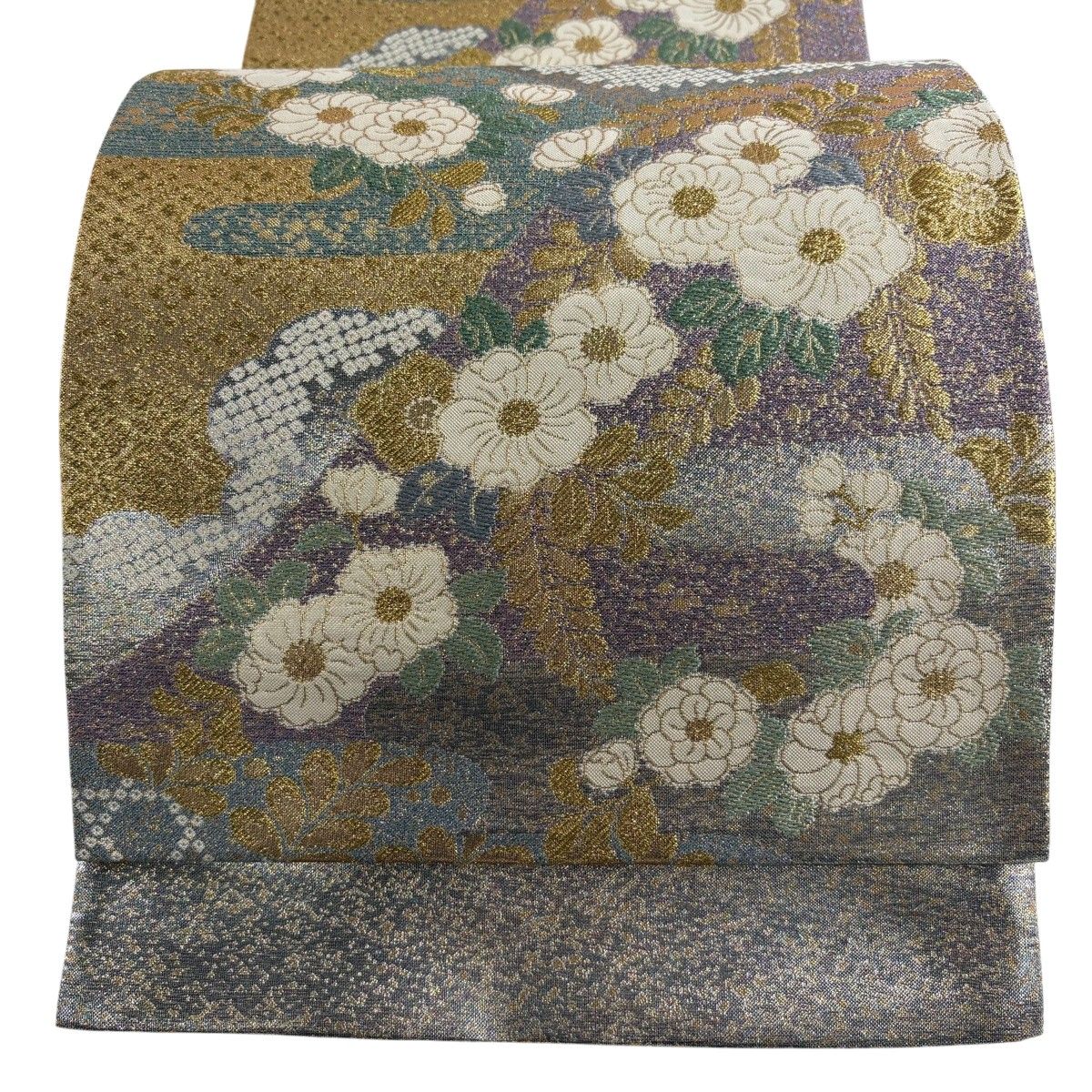 【美品】 袋帯 秀品 菊 ヱ霞 箔 金糸 銀色 六通 正絹 【中古】