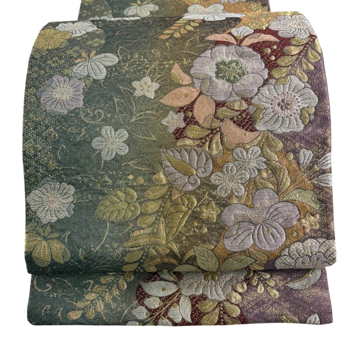 【美品】 袋帯 秀品 やまと 辻が花柄 藤 金糸 箔 灰緑 六通 正絹 【中古】