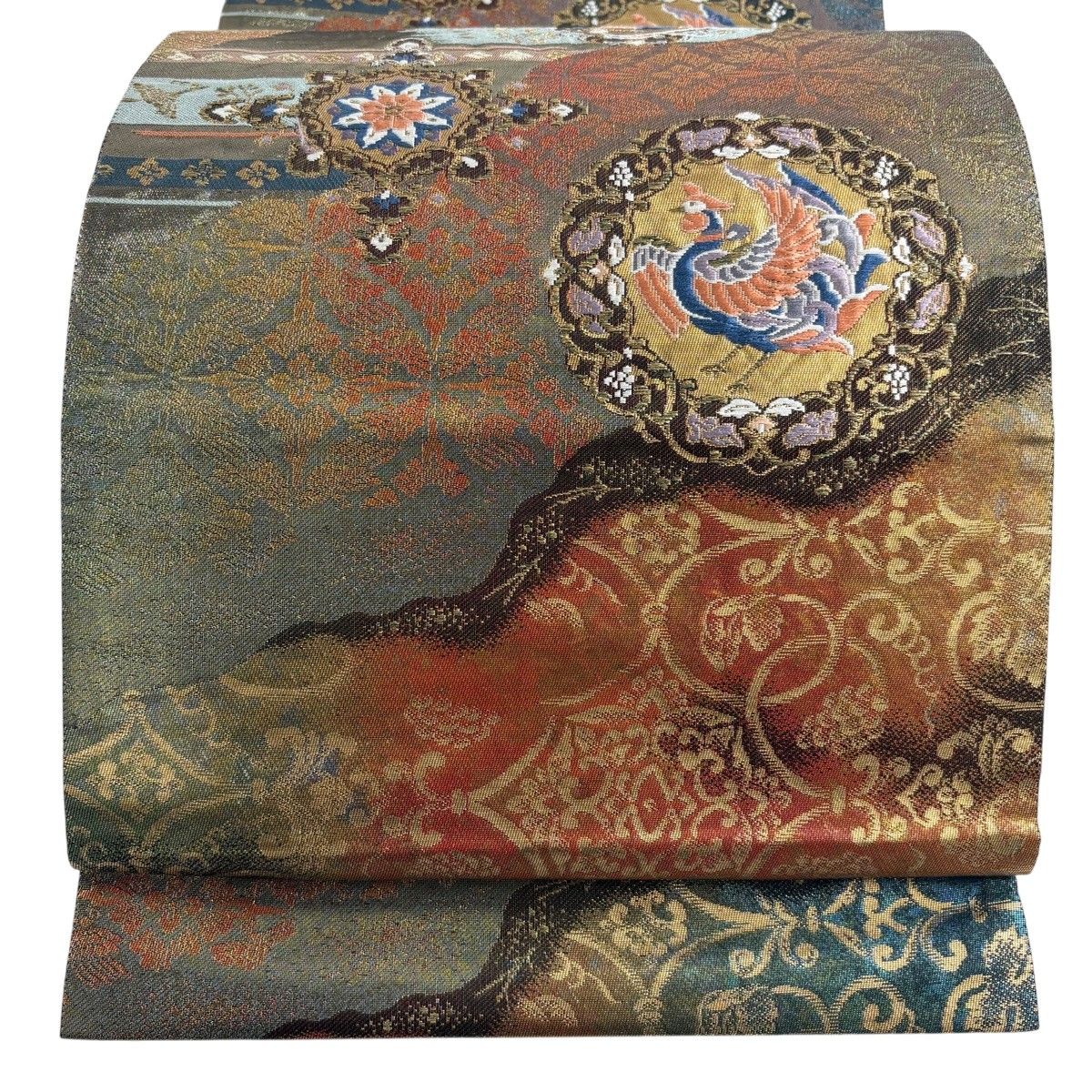 袋帯 秀品 華文 花鳥 箔 金銀糸 灰緑 六通 正絹 【中古】