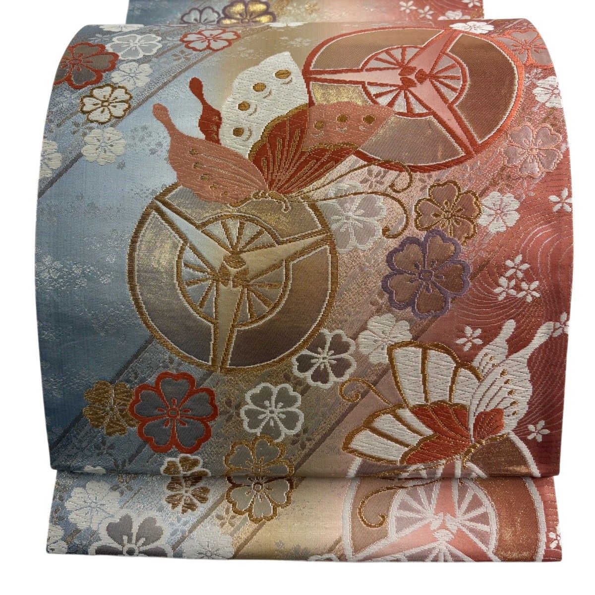 【美品】 袋帯 秀品 蝶 桜 箔 唐織 ピンク 六通 正絹 【中古】