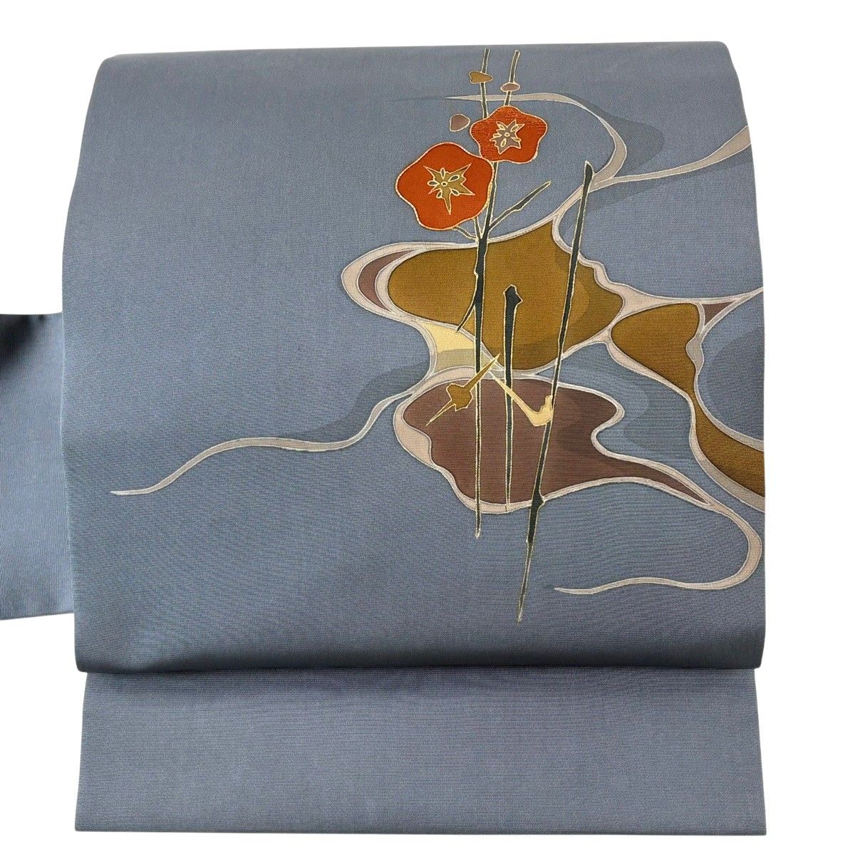 名古屋帯 秀品 落款 枝梅 流水 金糸 金彩 青灰色 正絹 【中古】